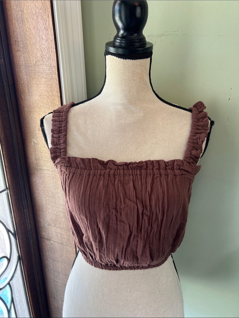 Salty Lemon Ruched Strap Brown Cropped Tank Top